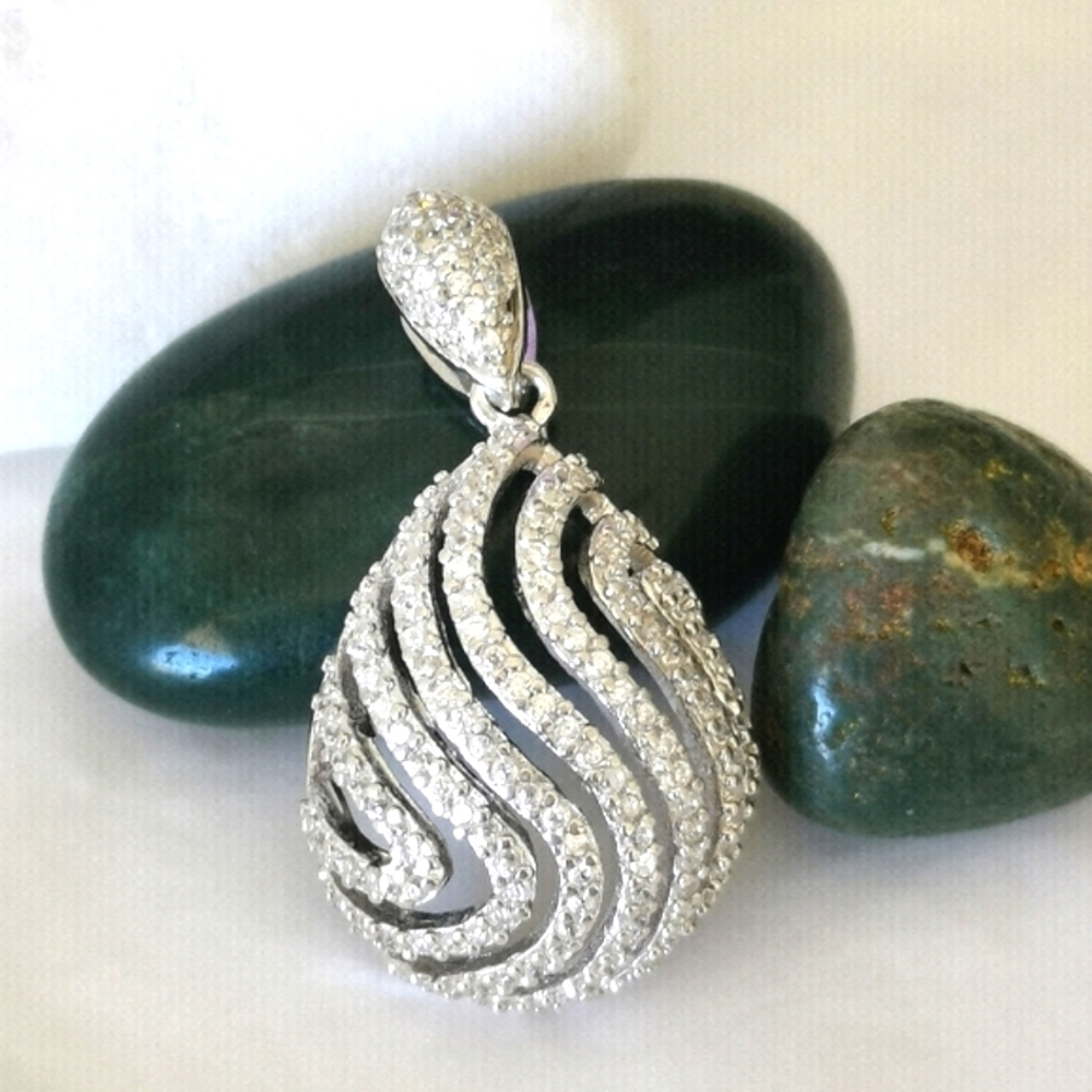 Sterling Silver CZ Dome teardrop pendant for necklace 🆕